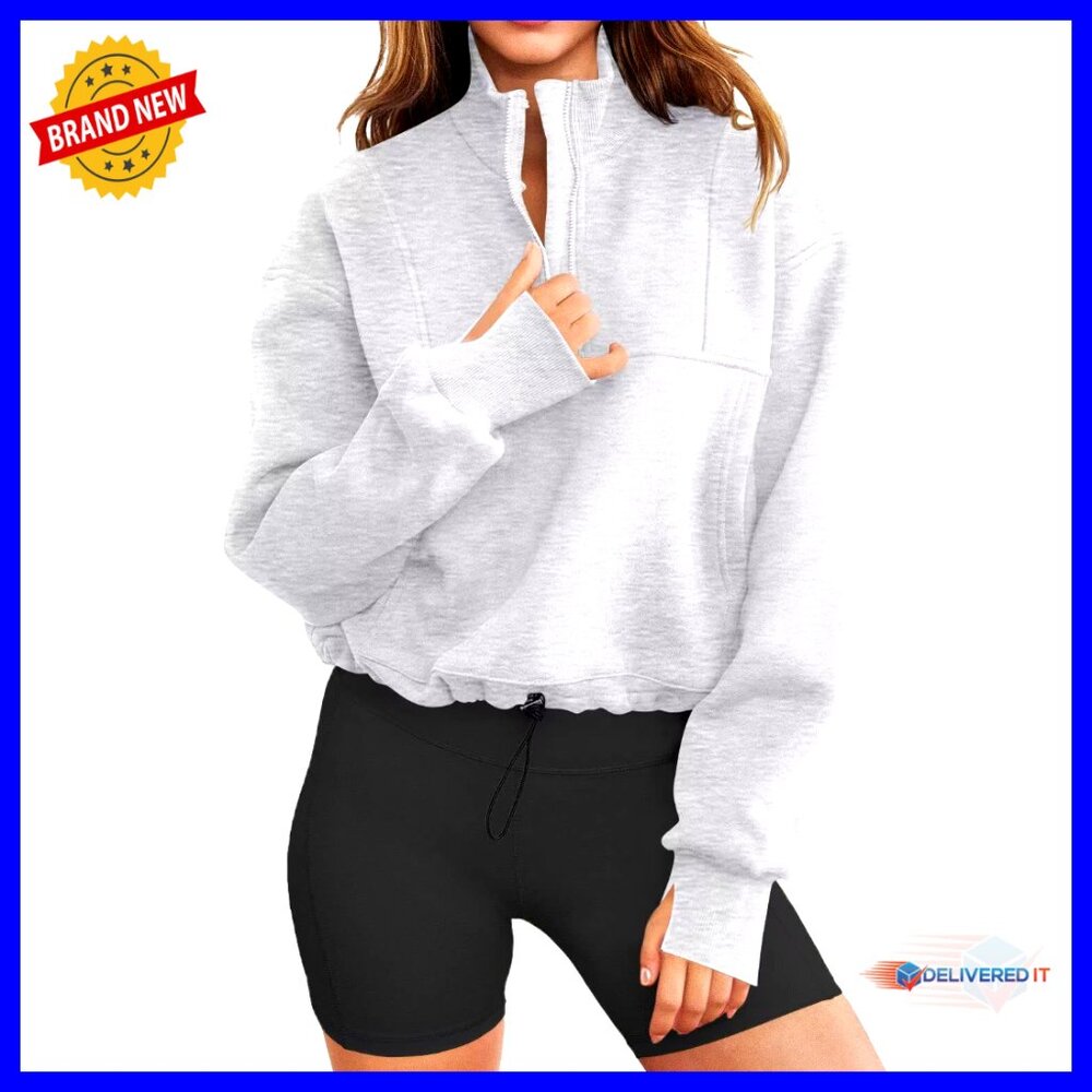 Oversized Half Zip Cropped Sweatshirt with Thumb Holes Kangaroo Pocket
